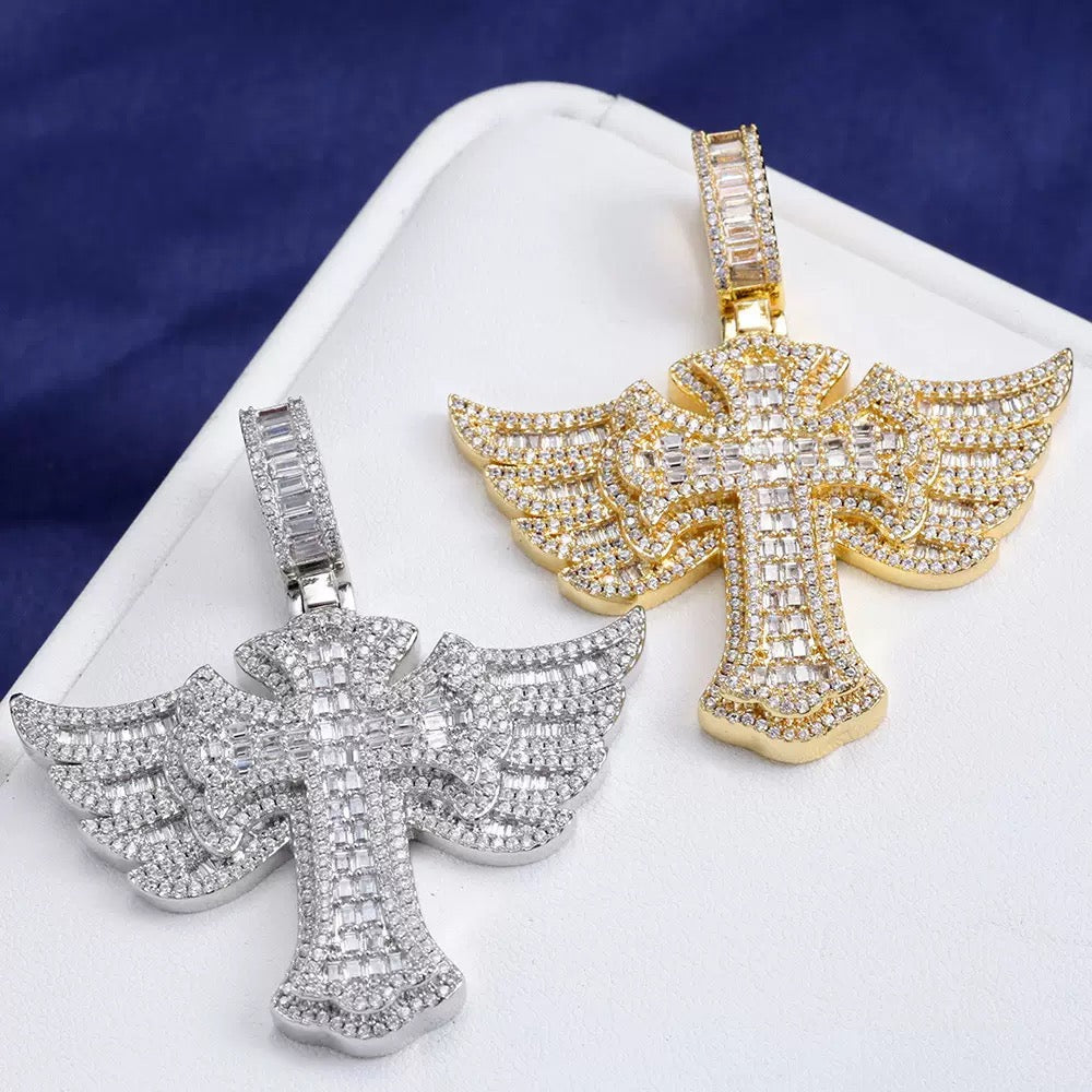 925S & Moissanite Baguette Cross with Wing Pendant