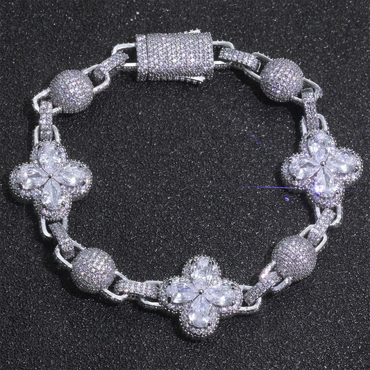 10mm Iced Four-Leaf Clover & balls Cuban Bracelet