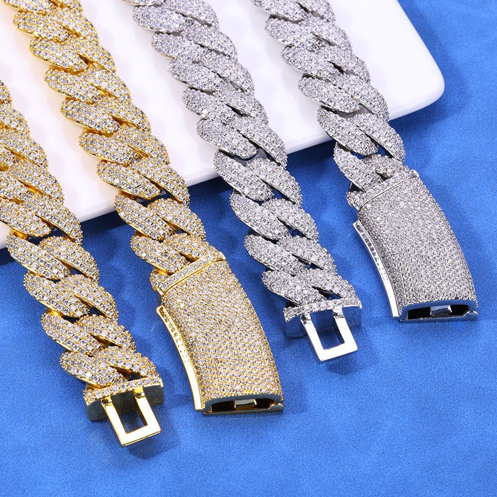 18mm S925 & Moissanite Three Row Cuban Link Chain