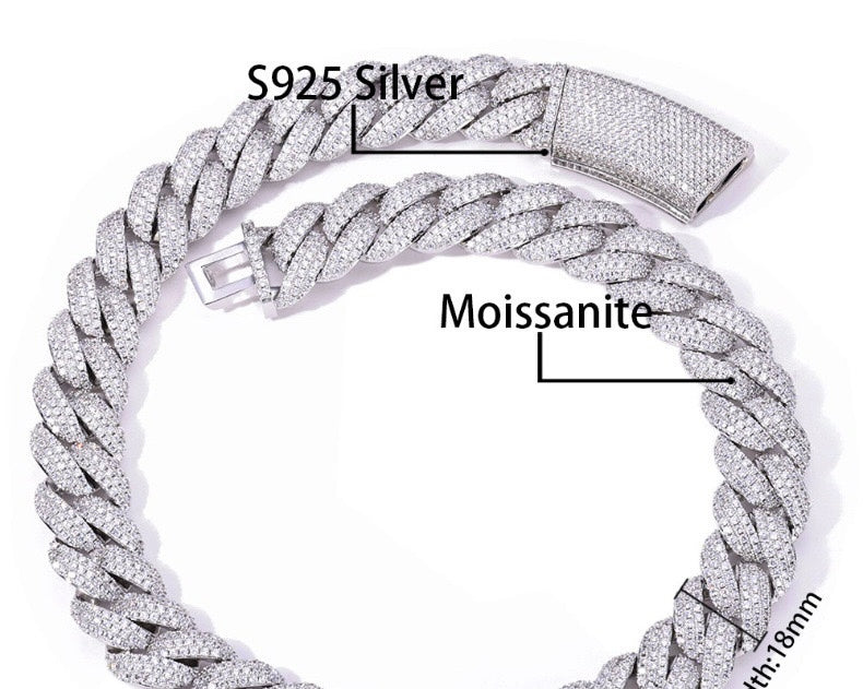 18mm S925 & Moissanite Three Row Cuban Link Chain