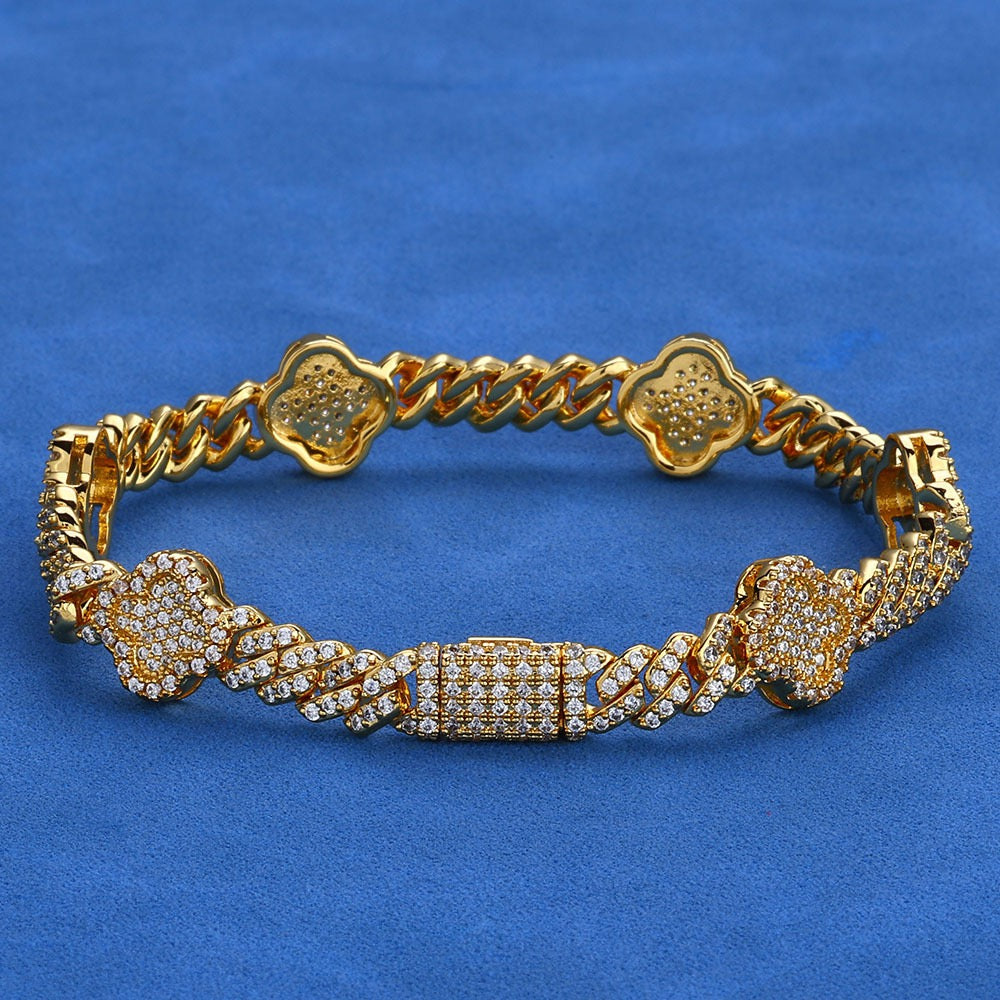 6mm Iced Four-Leaf Clover Cuban Bracelet