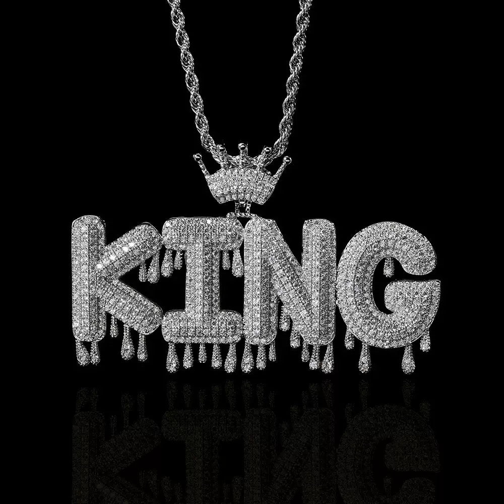 Iced Crown Drip Letters Pendant