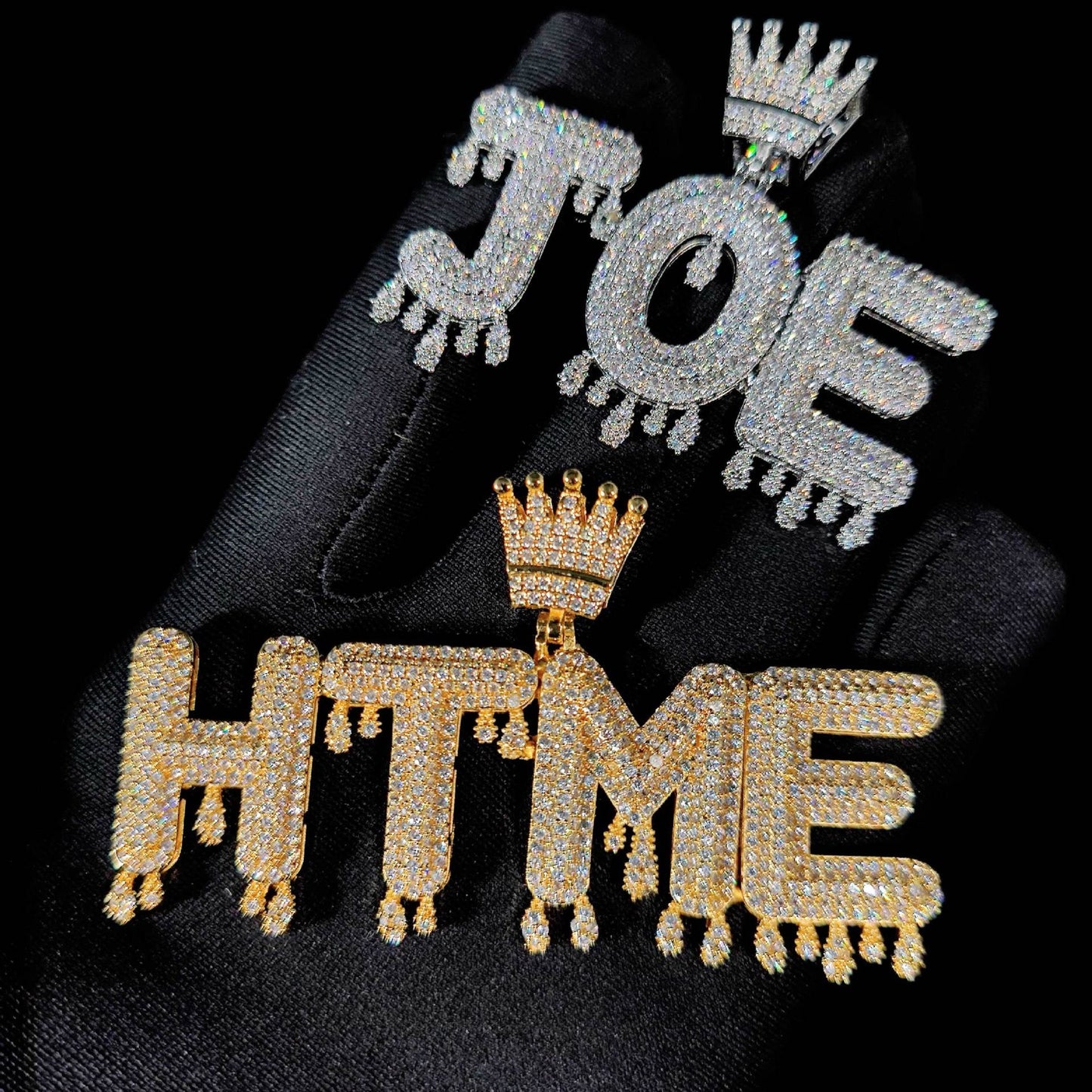 Iced Crown Drip Letters Pendant