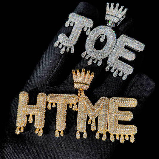 Iced Crown Drip Letters Pendant