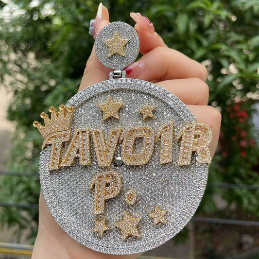 Iced Out Custom Letters With Star & Crown Round Pendant