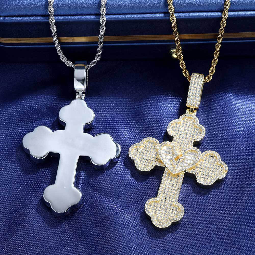 Iced Broken Baguette Heart Cross Pendant
