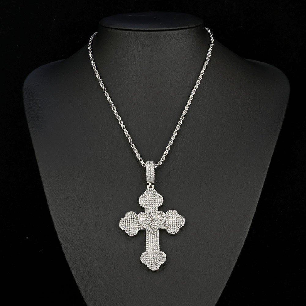 Iced Broken Baguette Heart Cross Pendant