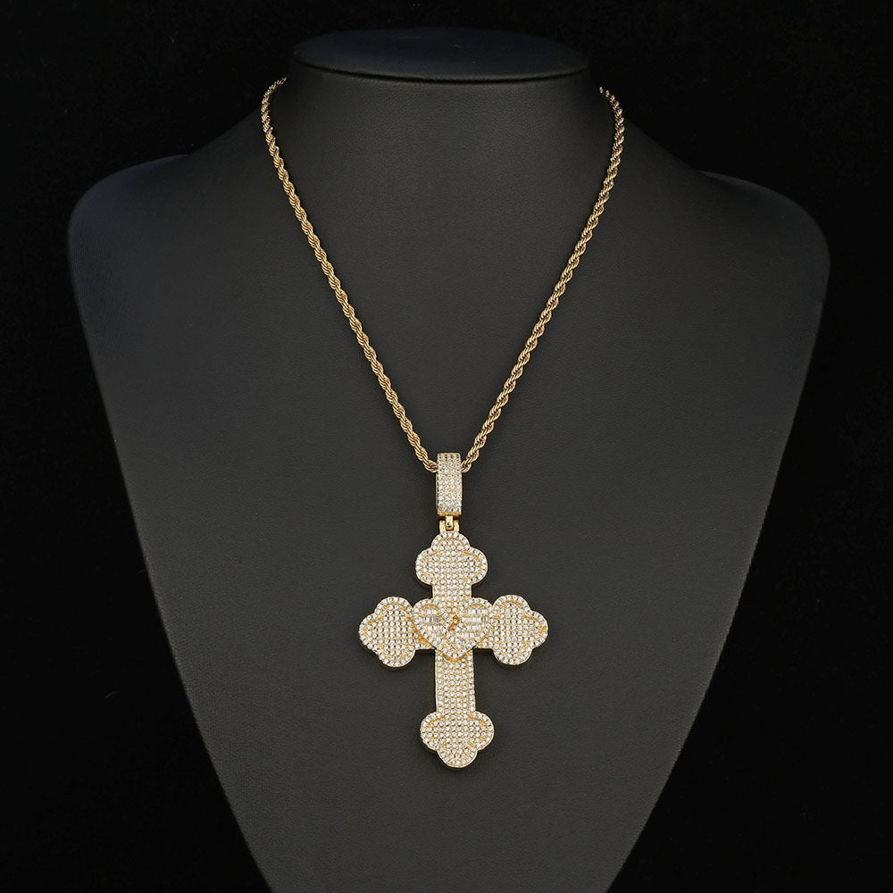 Iced Broken Baguette Heart Cross Pendant