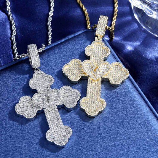 Iced Broken Baguette Heart Cross Pendant