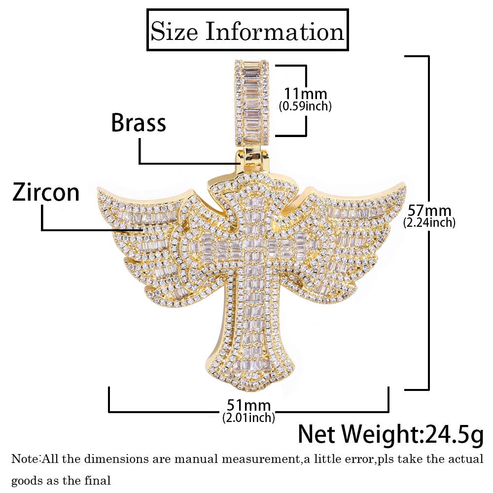 Iced Winged Baguette Cross Pendant