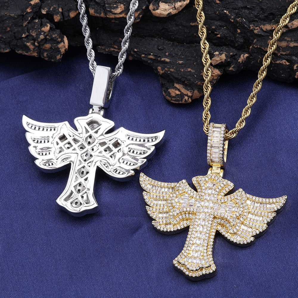 Iced Winged Baguette Cross Pendant
