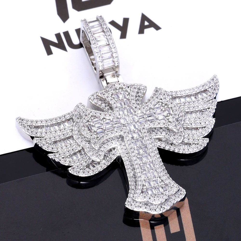Iced Winged Baguette Cross Pendant
