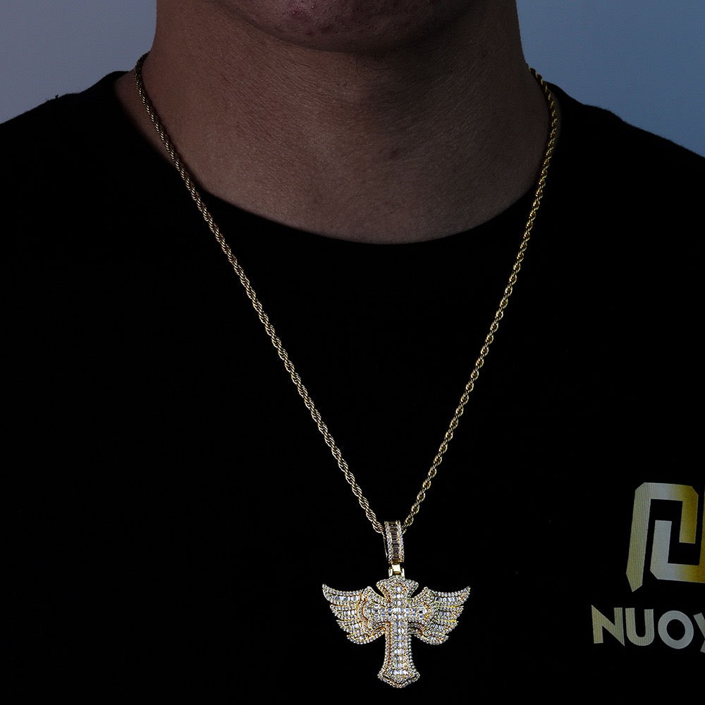 Iced Winged Baguette Cross Pendant