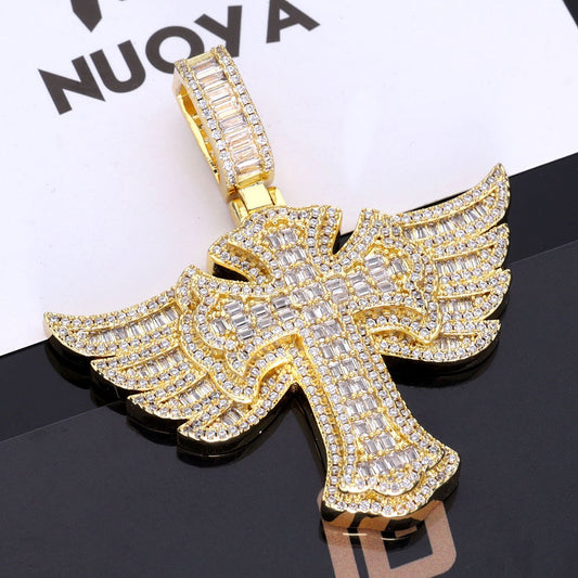 Iced Winged Baguette Cross Pendant