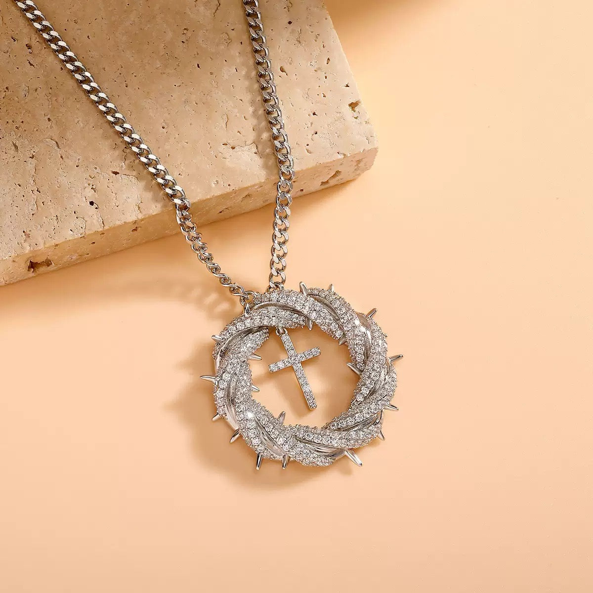 Iced Crown Of Thorns With Cross Pendant