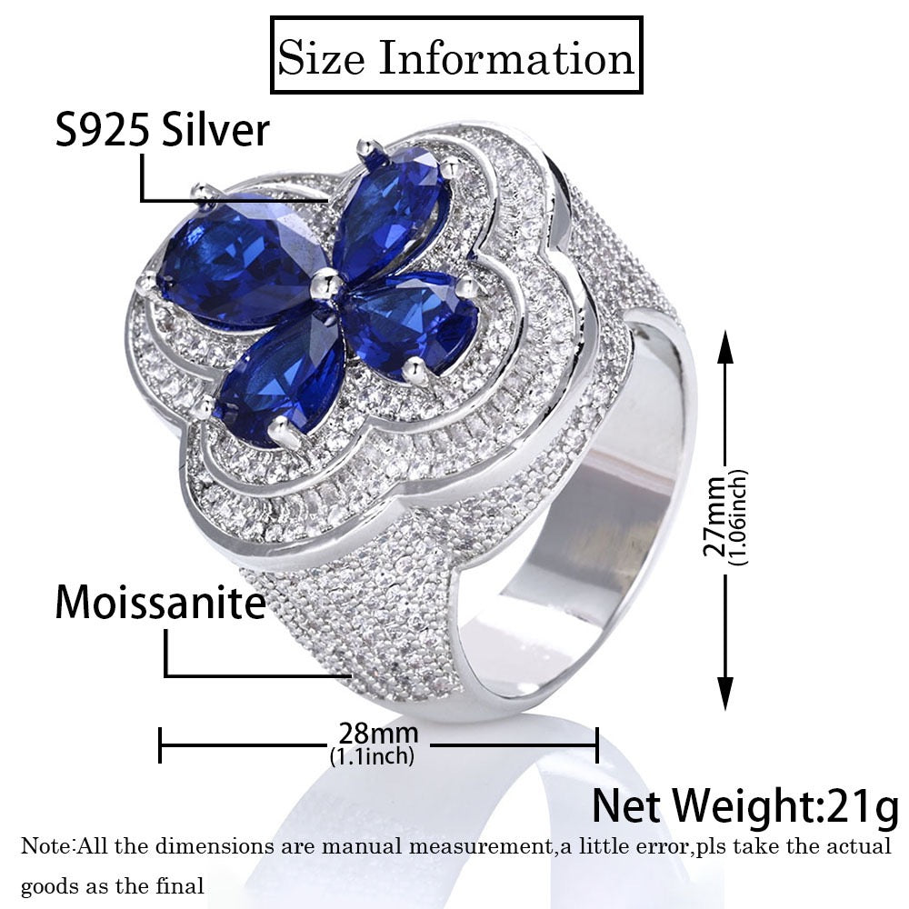 925S & Moissanite Blue Flower Ring