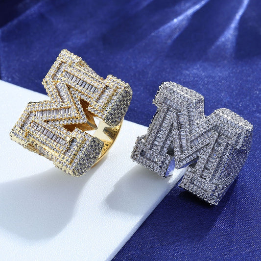 Iced Letter M Baguette Ring