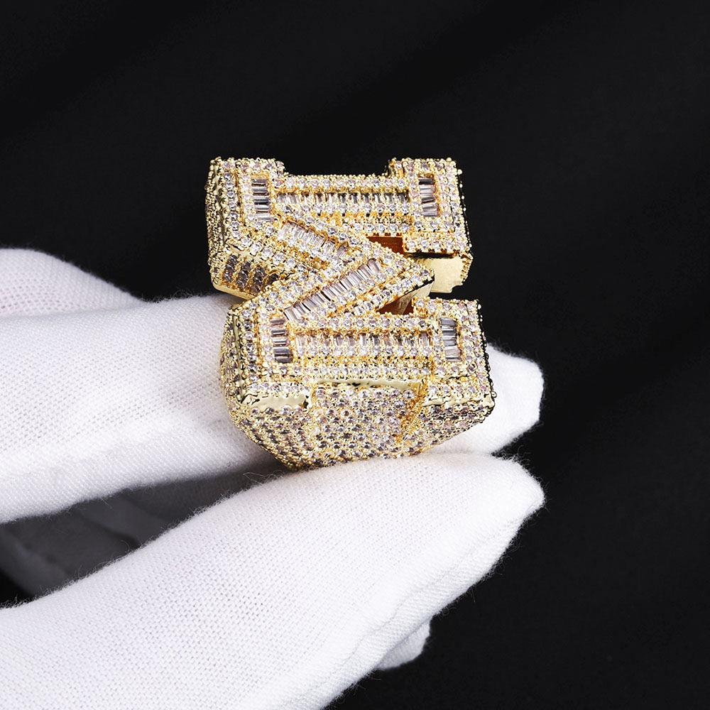 Iced Letter M Baguette Ring