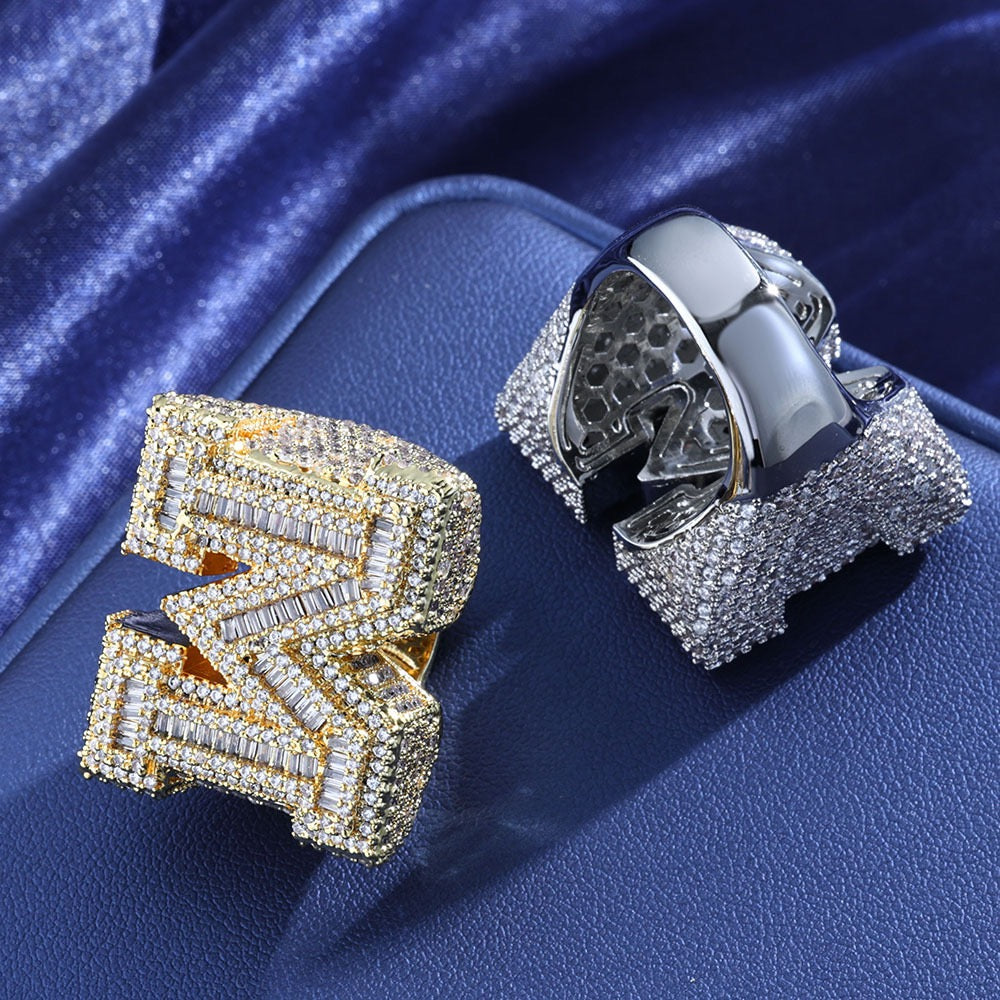 Iced Letter M Baguette Ring