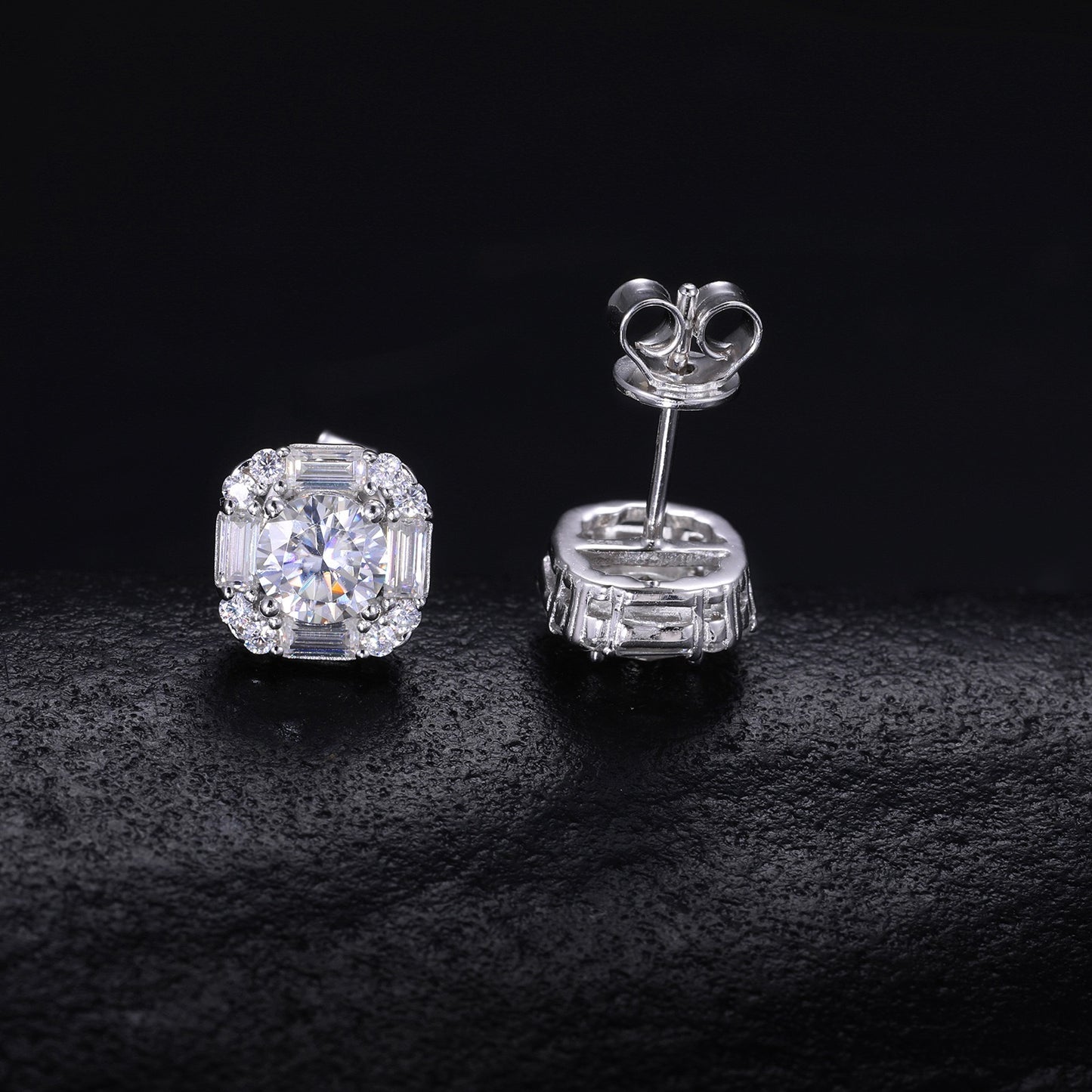 925S & Moissanite Baguette & Round Earrings