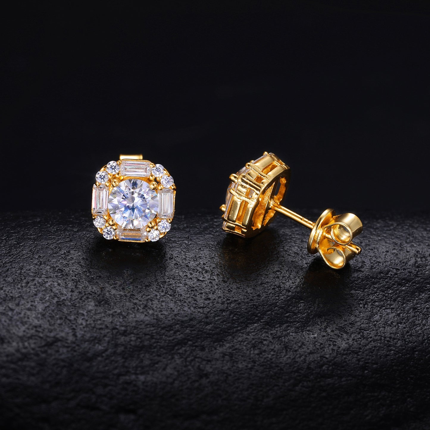 925S & Moissanite Baguette & Round Earrings