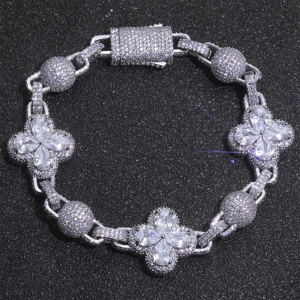10mm Iced Four-Leaf Clover & balls Cuban Bracelet