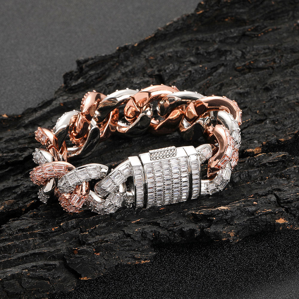 21mm Iced Mixed Color Three-Row Baguette Cuban Bracelet