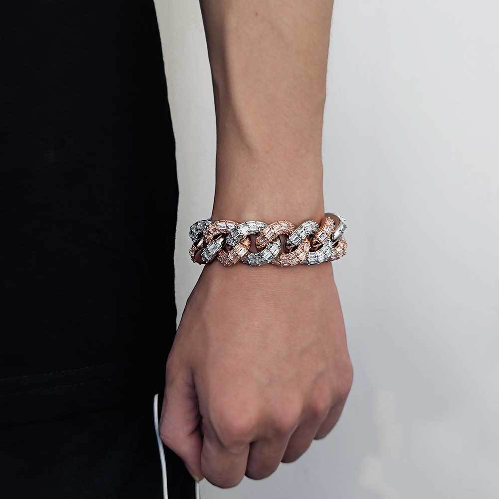 21mm Iced Mixed Color Three-Row Baguette Cuban Bracelet