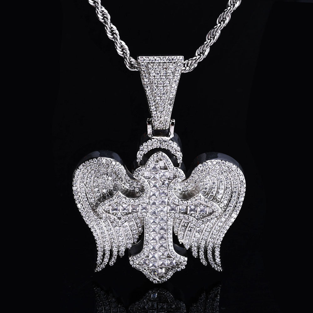 Iced Cross With Angle Wings Pendant