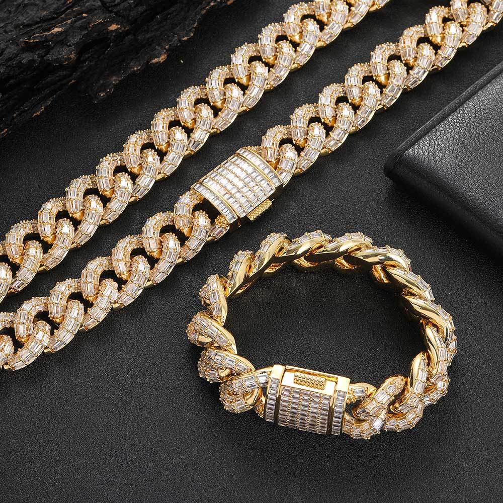 21mm Iced Three-Row Baguette Cuban Chains